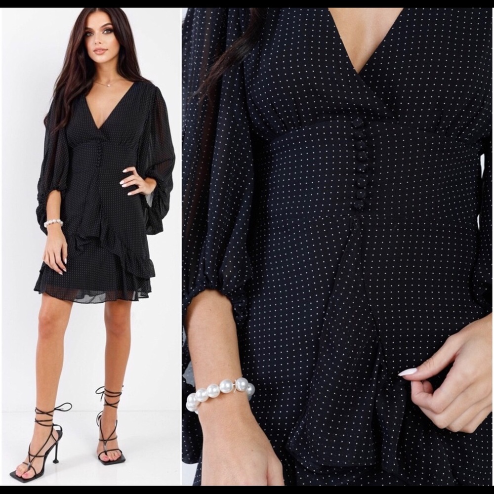 Black Polkadot Babydoll Classy Puffy Sleeve Elegant Dress
